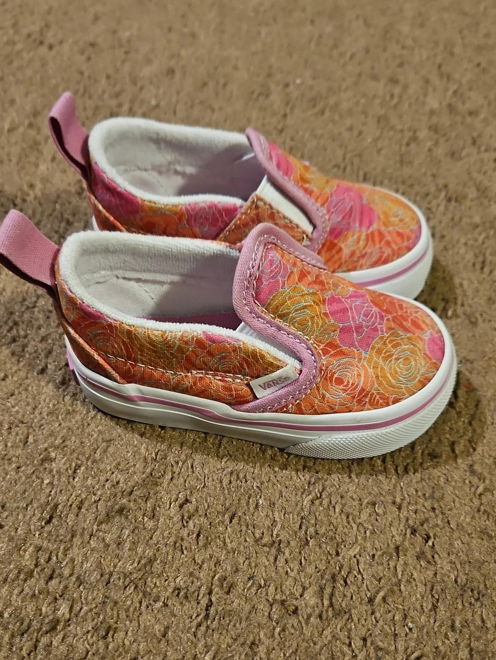 Vans Toddler Girls Floral Slip-On Sneakers in Pink and Orange
